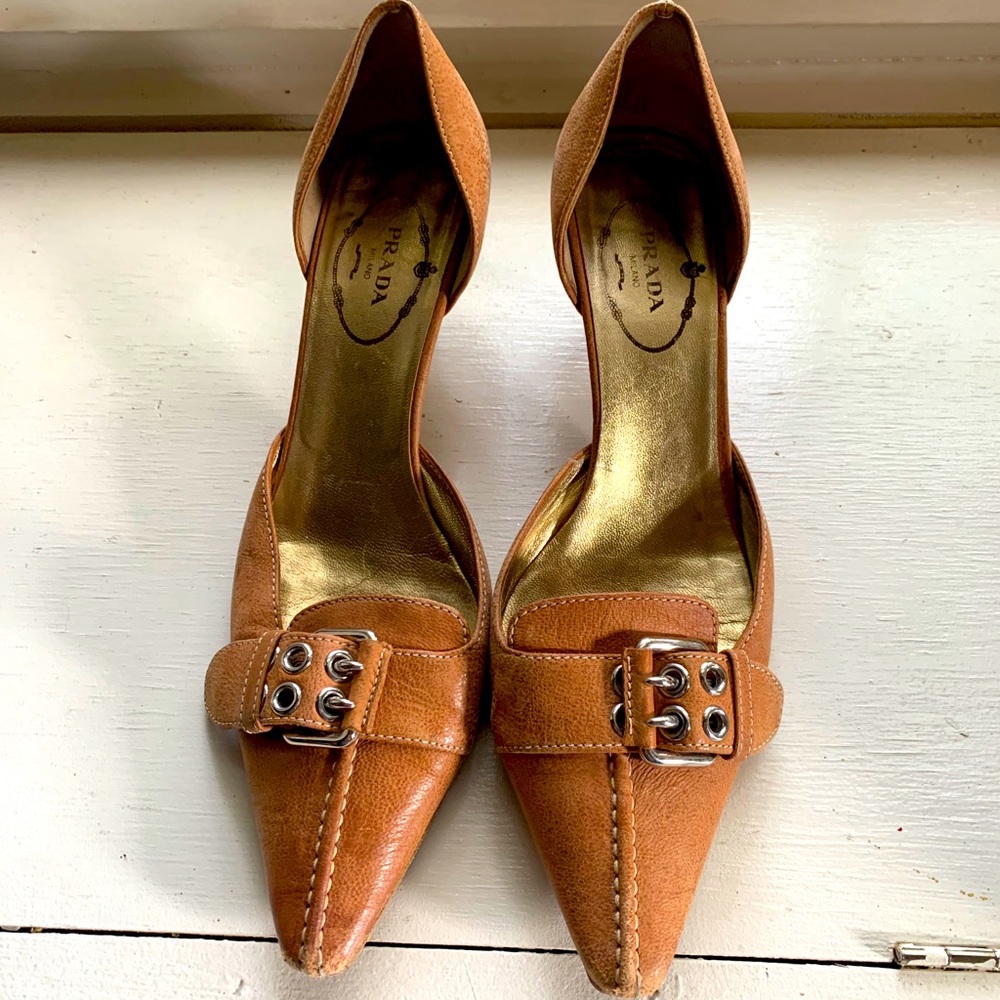 Prada tan big buckle heels